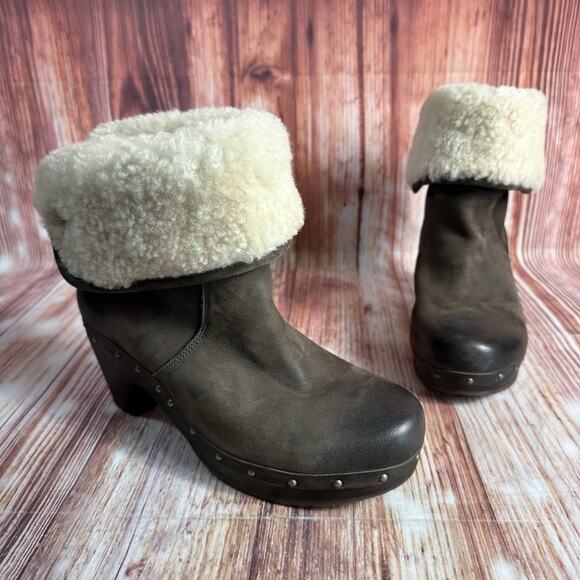 UGG Fold Over Size 8 Brown Leather Sheepskin Cuff LYNNEA Ankle Calf Boots Shoes - Picture 11 of 13
